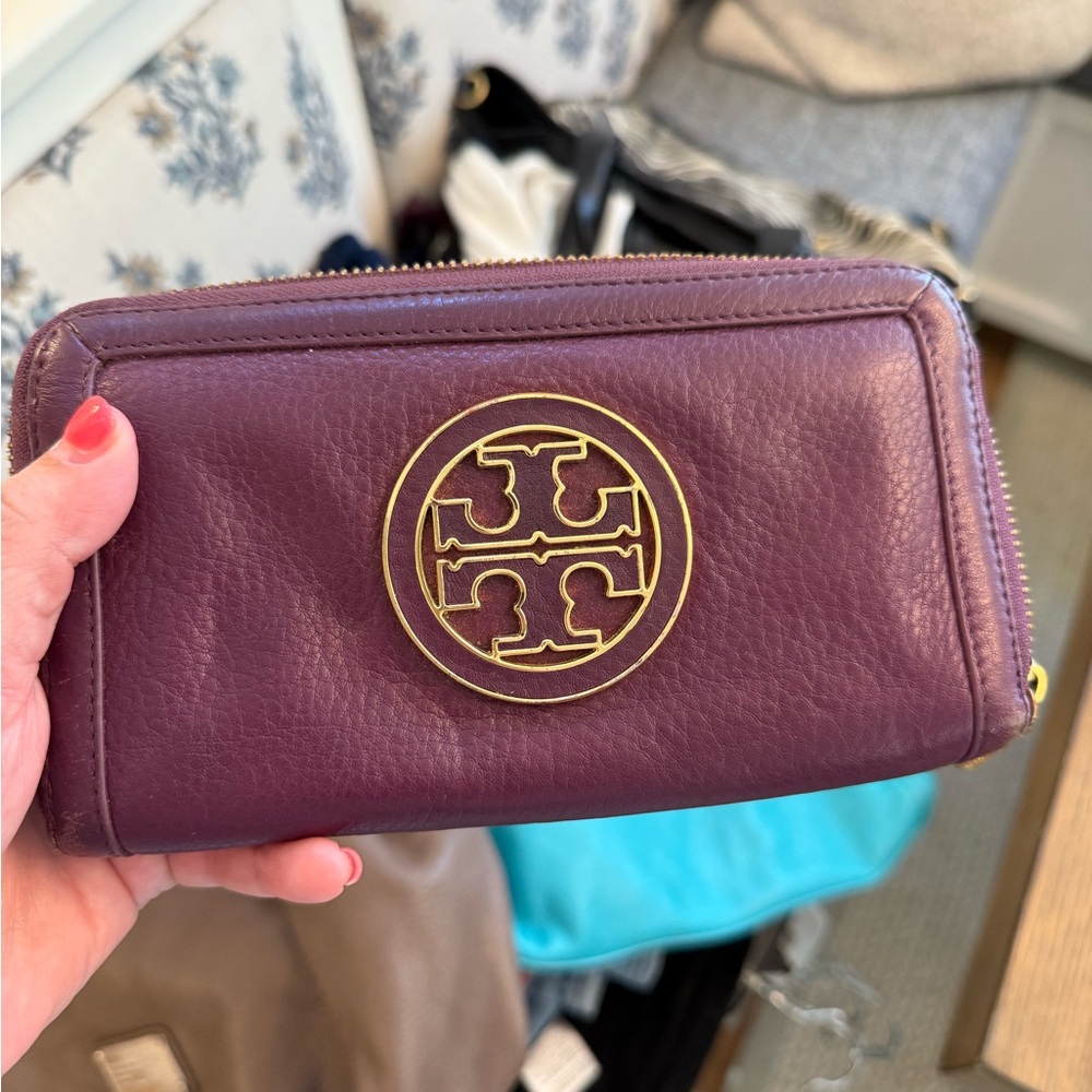 Tory Burch Plum Wallet with Gold Emblem